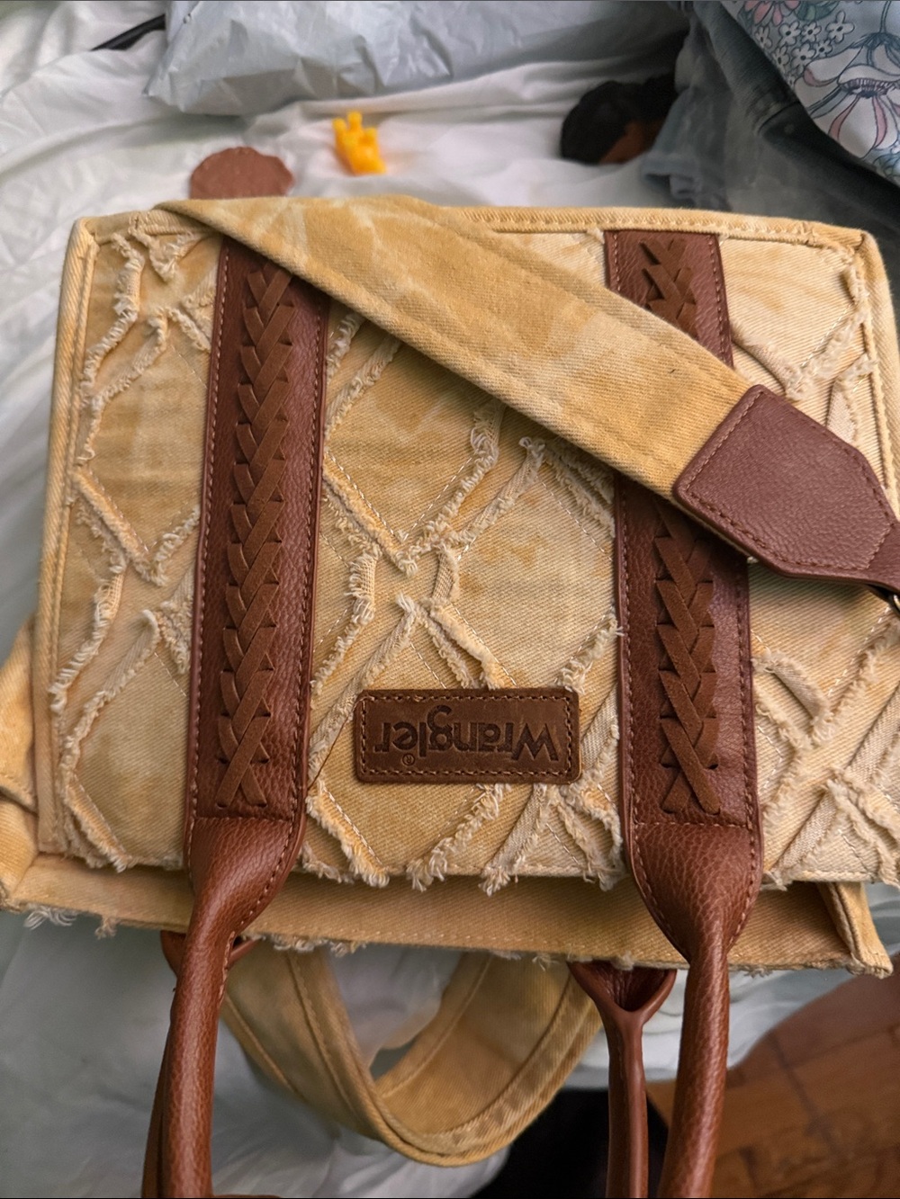 Wrangler Beige Canvas Tote with Brown Trim and Braided Handles - Picture 13 of 14